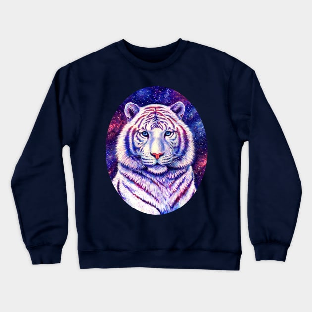 Colorful Cosmic White Tiger Crewneck Sweatshirt by rebeccawangart